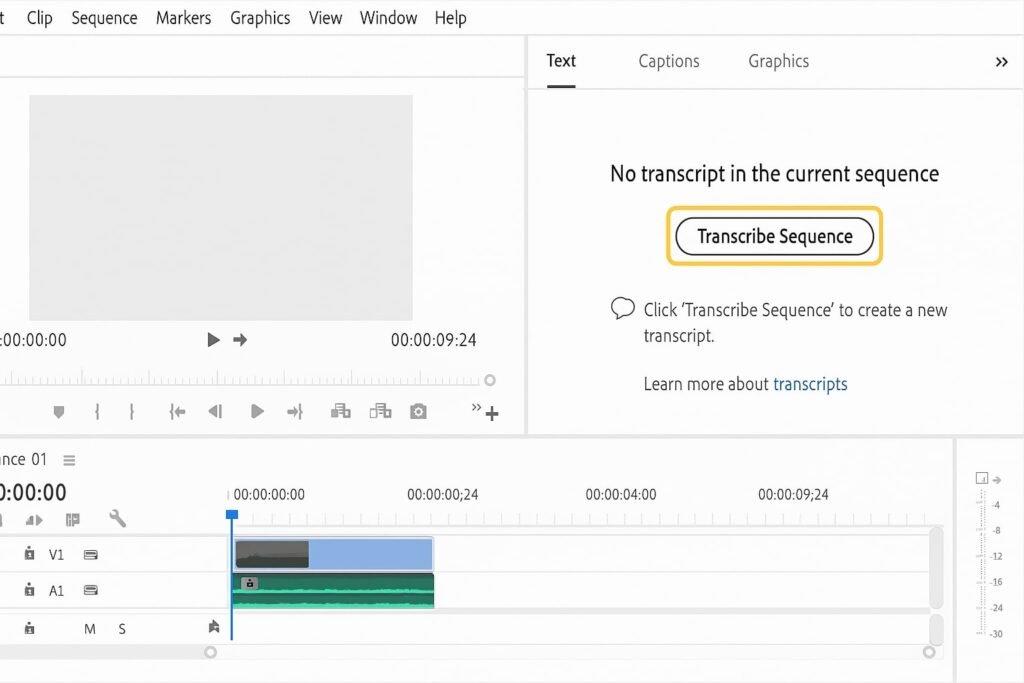 Premiere Pro Text Panel with Transcribe Button